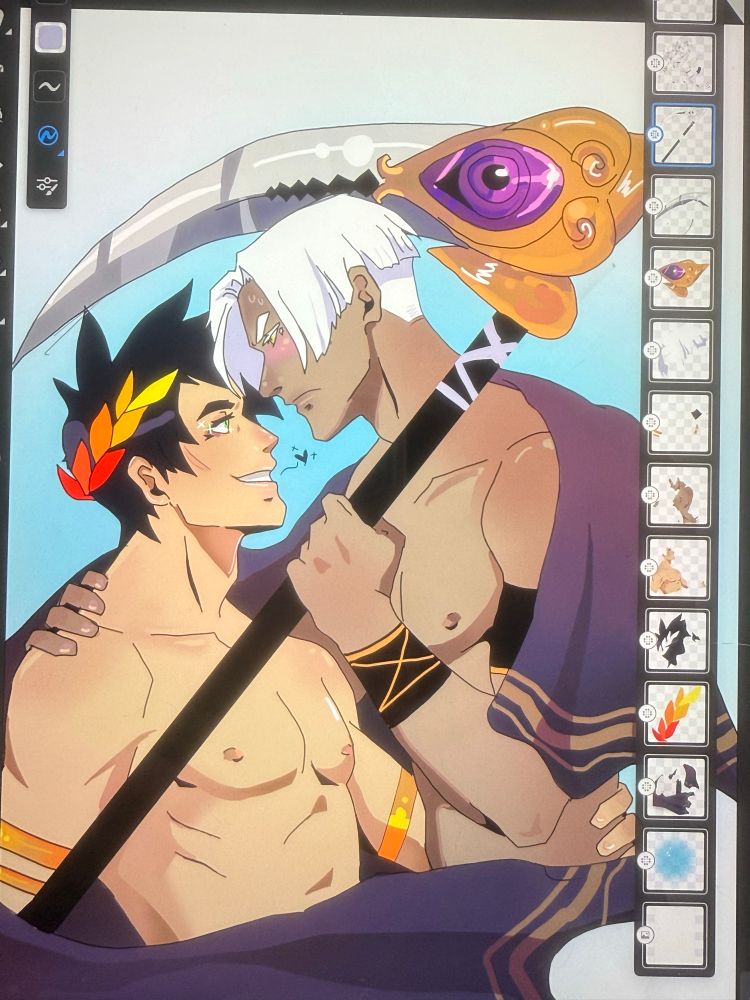 Drawing j made of Zagreus and Thanatos from hades. Thanatos is menacingly holding his scythe and blushing bc Zagreus is smiling @ him and theyre holding each other 