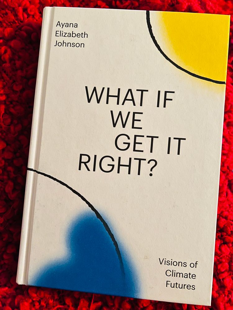 Close-up picture of a hardcover book with the title “What If We Get It Right? Visions of Climate Futures”,
by author Ayana Elizabeth Johnson, lying on a red knit blanket.