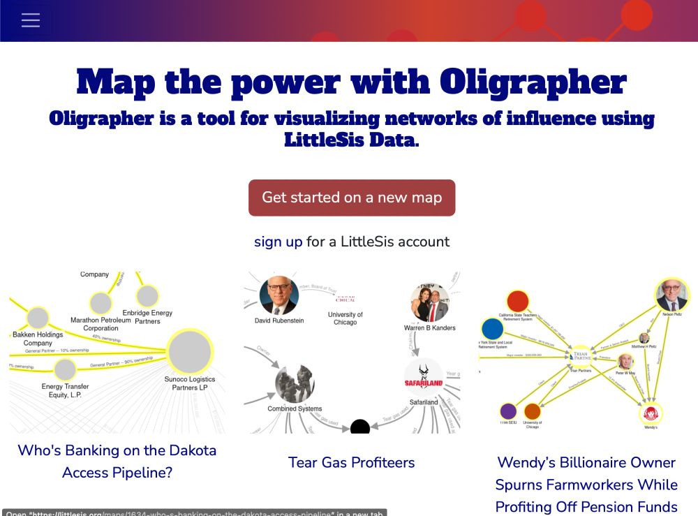 A screenshot of the LittleSis Power Research Database. 
The heading reads: Map the power with Oligrapher
Oligrapher is a tool for visualizing networks of influence using LittleSis Data.
