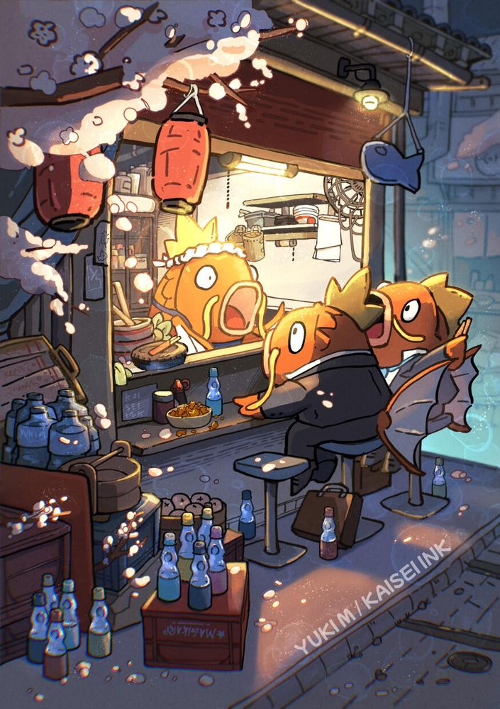 Ramen shop at night.  Two Magikarp in suits sit expectantly at the counter, waiting for chef Magikarp to serve them food.  The light from the shop illuminates dozens of ramune bottles scattered across the sidewalk.  There are sakura drifting across the scene and several lanterns hanging in the branches.