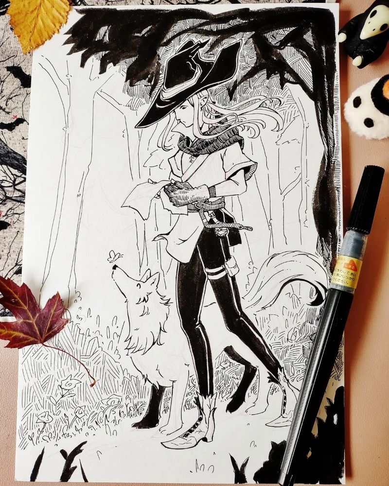 A photograph of an illustration featuring a pointy hat wearing character looking with confusion at a map.  A dog stands at their side, looking at a butterfly.  There are trees in the background indicating the characters are in a forest.