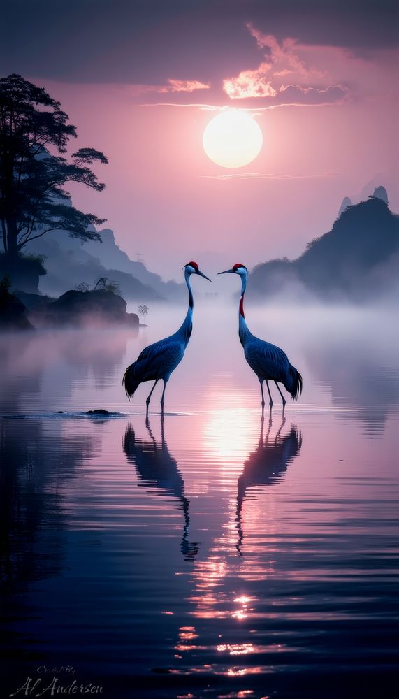 Two cranes stand in calm water at twilight, facing each other with their reflections mirrored in the lake. A glowing sun sets behind misty trees and distant mountains, casting soft pink and purple hues across the sky and water. The scene is serene and tranquil.