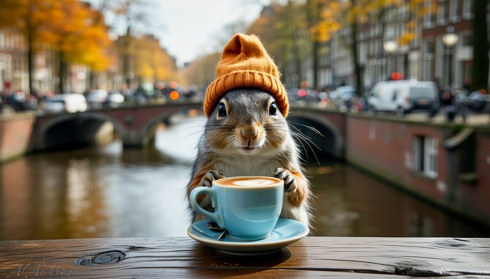 An anthropomorphic squirrel wearing an orange beanie sits at a wooden table by an Amsterdam canal, holding a blue cup of cappuccino. Autumn trees and a classic brick bridge fill the background, creating a warm and peaceful morning setting.