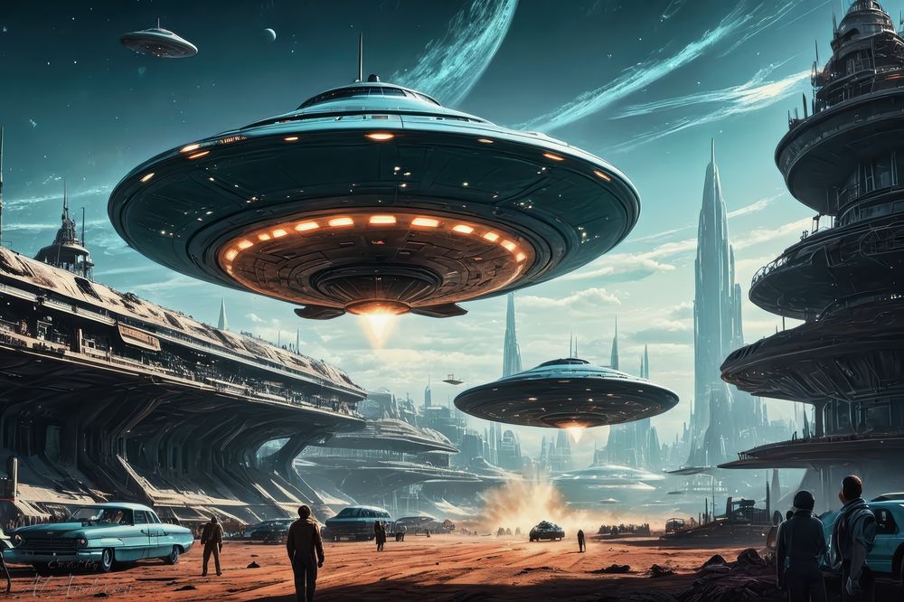 This digital artwork unfolds a futuristic cityscape where colossal, saucer-shaped spaceships hover closely, their underlights glowing warmly against the twilight sky. People and vintage cars are dwarfed by the grandeur of these vessels and towering skyscrapers. The scene is vibrant with activity, suggesting a bustling metropolis on an alien planet. Interstellar rings grace the horizon, hinting at a world deeply integrated into a cosmic community.