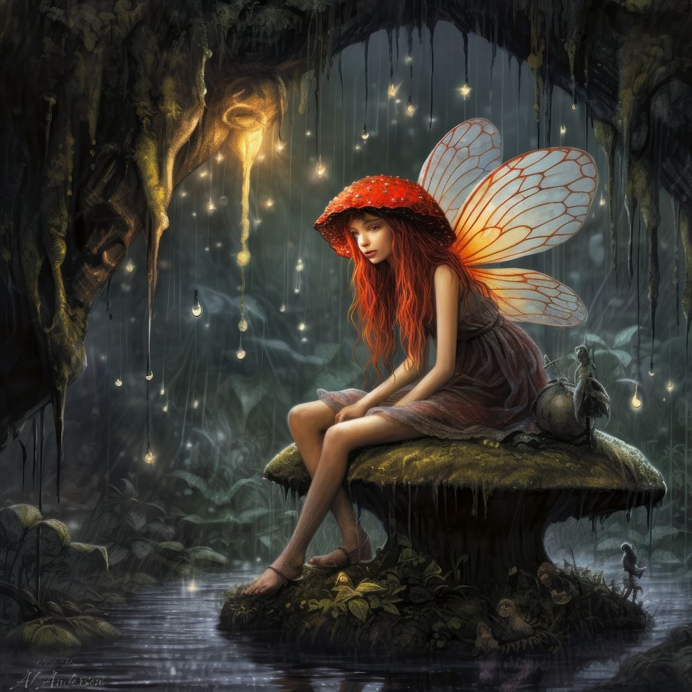 Digital artwork depicts a faerie with translucent wings and red hair, sitting beneath an illuminated mushroom cap. Glowing droplets hover in the air like miniature stars, casting a gentle light over a reflective pond in the midst of a mystical forest.