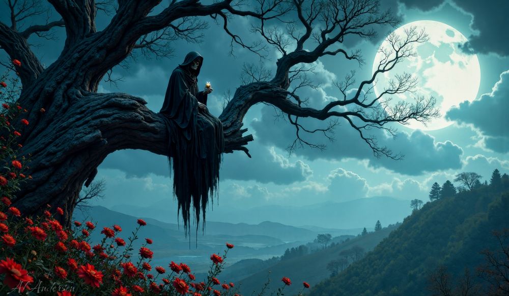 A hooded skeleton cloaked in black robes sits on the branch of an old tree, holding a glowing candle in one hand. A bright full moon lights the cloudy sky behind, while crimson flowers cover the hillside below. The image creates a haunting yet serene atmosphere with gothic symbolism and surreal beauty.