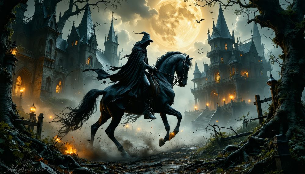 A cloaked horseman on a black steed gallops along a misty path beneath a huge glowing full moon. His flowing cape and pointed hat create a menacing silhouette as bats swirl above. A gothic mansion with glowing windows and tall spires looms in the background, framed by twisted trees and lanterns.