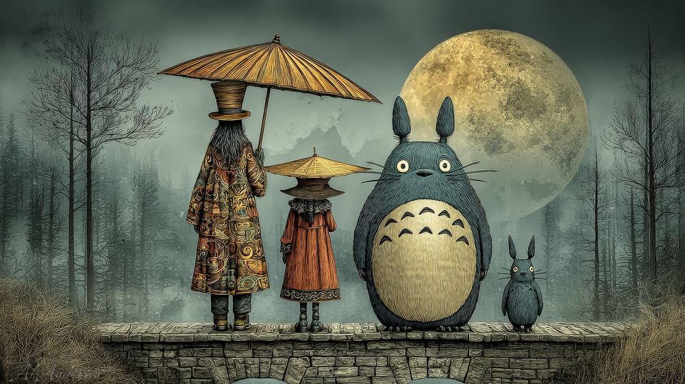 The Mad Hatter, Alice, Totoro, and a small spirit stand side by side on a stone bridge in front of a glowing full moon. Hatter and Alice hold golden umbrellas and wear patterned Victorian coats. The forest around them is misty and quiet, creating a magical, whimsical mood.