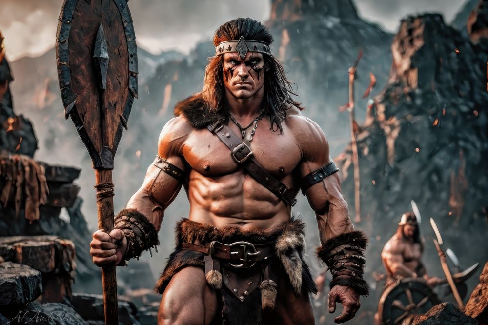 An imposing barbarian warrior with a stern gaze and war paint on his face stands in a mountainous landscape, gripping a spear. He exudes the fierce aura of tribal leadership and the readiness for battle.