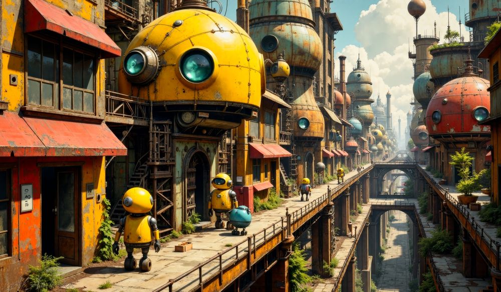 A street lined with small spherical pod-shaped homes attached to tall buildings, with small robots walking on raised walkways. The buildings are rusty and colorful, mainly in yellow and red tones, and feature industrial pipes and overgrown plants, set under a sunny sky.
