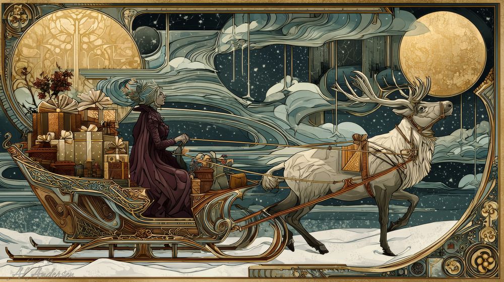 A cloaked figure rides an ornate art nouveau sleigh filled with wrapped gifts as a large antlered reindeer pulls them across snowy ground. Two golden moons shine above while swirling auroras and decorative framing elements surround the scene, giving it an elegant, fantastical winter tone.