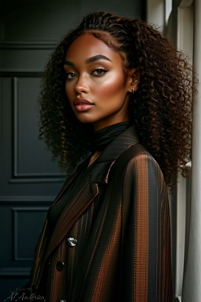 A woman with voluminous curly hair stands by a window wearing a bronze pinstripe coat over a black outfit with a high neck. Her glowing skin and calm expression are softly lit against a dark background, creating a timeless and elegant look.