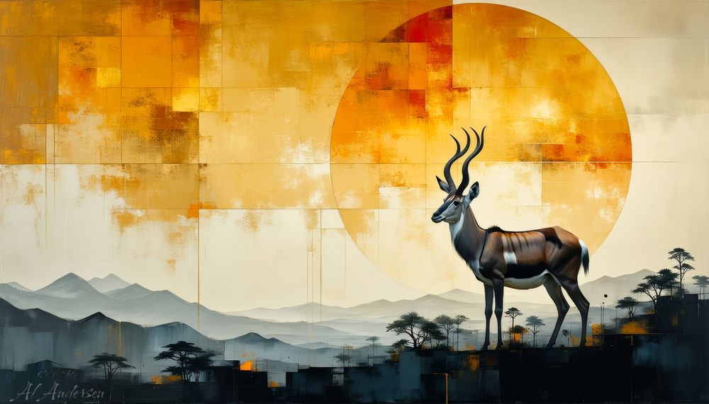 A digital painting of a striped, horned antelope standing on a dark hill in front of a large, golden sun made of abstract geometric patches. The background features misty blue mountain ranges and scattered flat-topped trees, combining realism with stylized design. The warm and cool tones create a balanced, majestic composition.