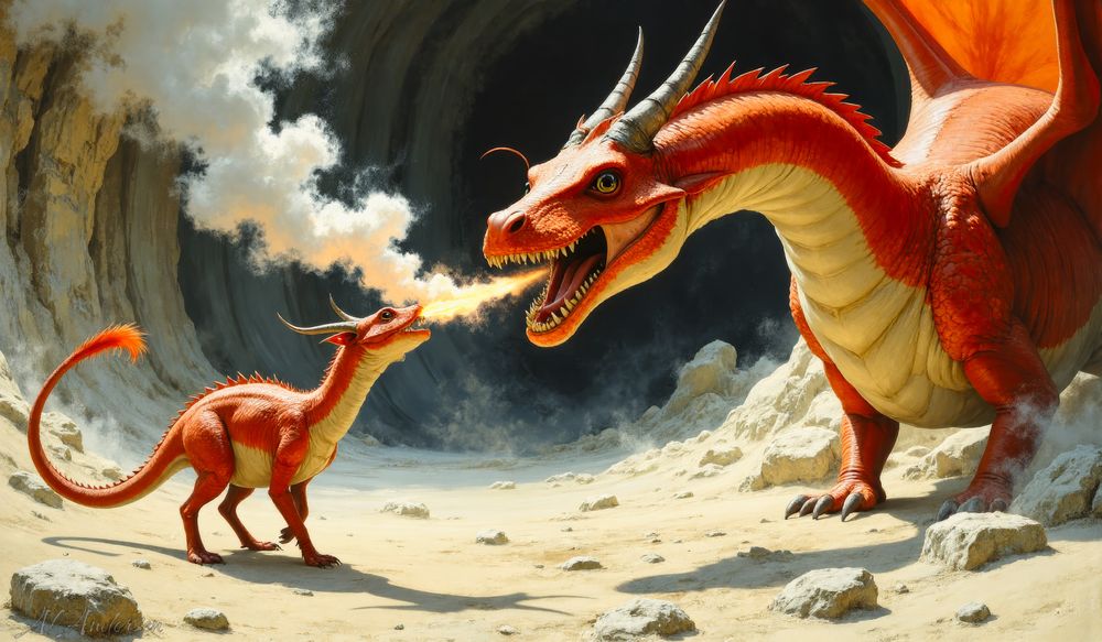 A Mother’s Lesson: First Flames of a Young Dragon
A mother dragon with red scales and large curved horns watches proudly as her baby breathes fire for the first time. The young dragon, small but determined, stands in front of a rocky cave entrance, its golden flames flickering in the warm desert light. Wisps of smoke rise into the air as the mother lowers her head in encouragement, her wings partially spread. The sunlit cavern and scattered rocks enhance the mythical atmosphere, emphasizing the bond between the two dragons.