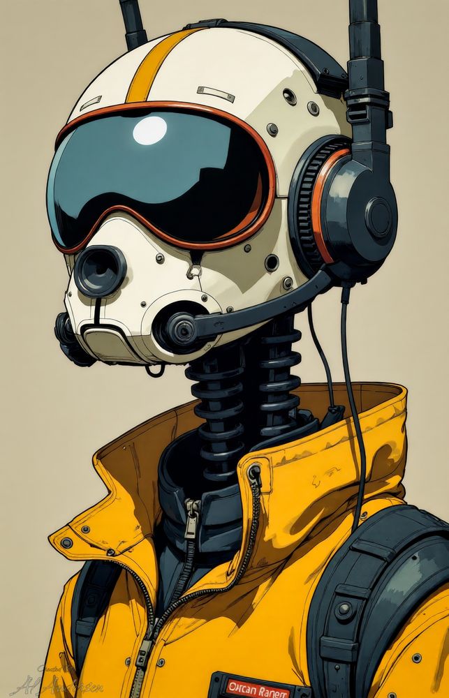 A humanoid robot wearing a yellow military-style jacket and a white helmet with a dark visor and antennae stands upright. The figure has mechanical joints, visible cables, and large headphones, blending retro-futuristic design with military styling on a plain beige background.