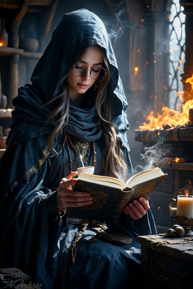A sorceress in a deep blue hooded robe sits in a rustic chamber filled with candlelight and firelight, reading from an ornate grimoire. She holds a steaming cup of coffee, and her expression is peaceful and focused. The scene is filled with magical ambiance and scholarly quiet.