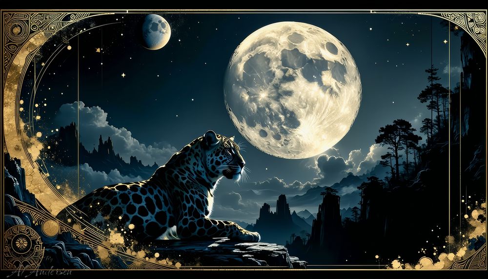 A black jaguar lies on a rock under a glowing full moon, with another smaller moon and distant stars in the sky. Golden art deco accents frame the scene, which features silhouetted pine trees and dramatic mountains under soft moonlight. The atmosphere is peaceful and mystical.
