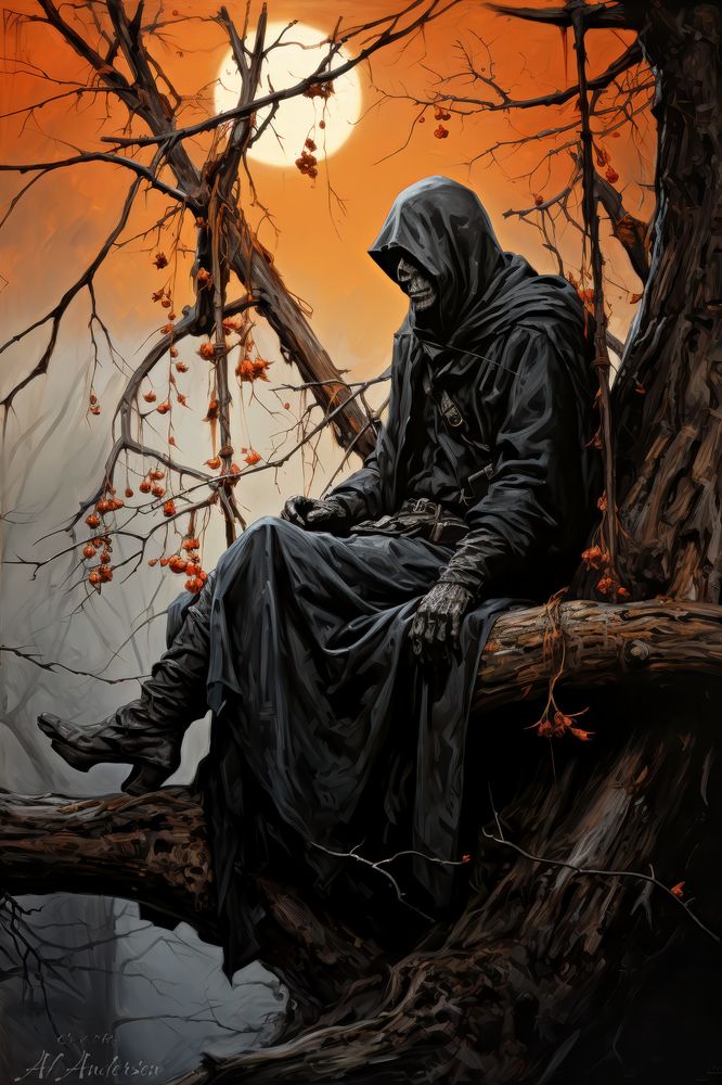 The image depicts the Grim Reaper seated on a thick, twisted tree branch. It is surrounded by a forest that seems quiet and misty, with subtle hints of sunset light filtering through bare branches and clusters of orange berries.