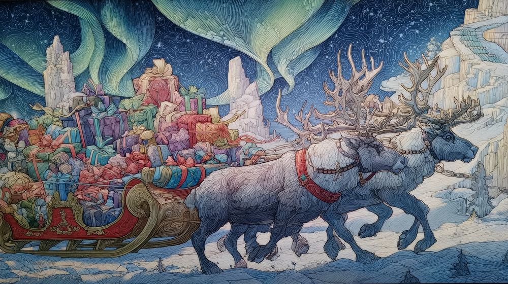 Two reindeer with large branching antlers pull an ornate sleigh overloaded with colorful wrapped gifts across uneven arctic snow. Tall icy ridges rise in the distance, while green auroras sweep through a star-filled sky, casting gentle highlights on the reindeer, sleigh carvings, and the mountainous winter terrain.