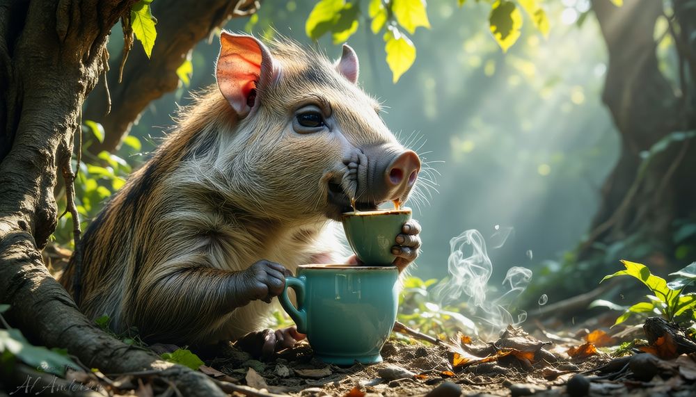 A small warthog sits on the forest floor, holding a tiny coffee cup while a larger steaming mug rests nearby. Sunlight filters through tree branches, illuminating leaves and casting a soft glow over the peaceful woodland setting and the warthog's gentle expression.