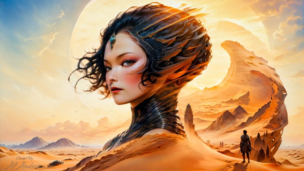 A striking woman stands against a vast desert landscape, her green eyes intense and thoughtful. She wears an intricate metallic headpiece fused with organic elements, reflecting the golden light of the massive sun behind her. Wisps of sand swirl in the wind, while a distant caravan moves across the dunes. Her presence is both regal and warrior-like, embodying the mysticism and survival spirit of Arrakis.