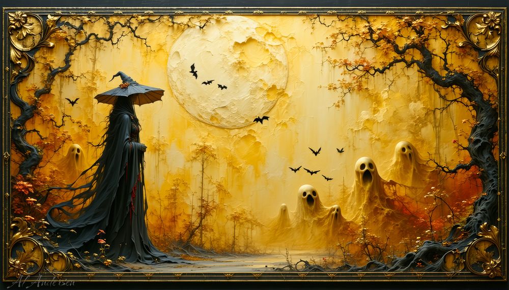 A witch in a flowing black cloak and pointed hat stands beneath a glowing golden moon. Around her, several ghostly figures float through an autumn forest as bats fly overhead. The scene glows with warm light, blending elegance, eeriness, and Halloween magic.