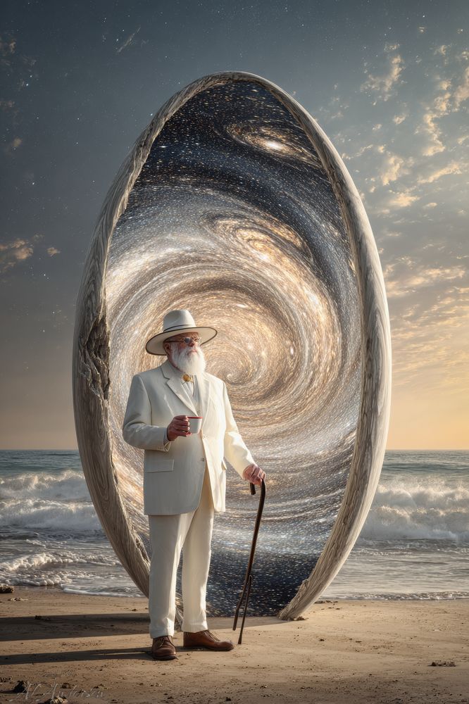 An older man in a white suit and hat stands calmly on a sandy beach, holding a cane and a red coffee cup. Behind him is a tall oval portal shaped like carved stone, filled with a glowing spiral vortex of stars and cosmic light. Waves gently roll in under a soft golden sky.