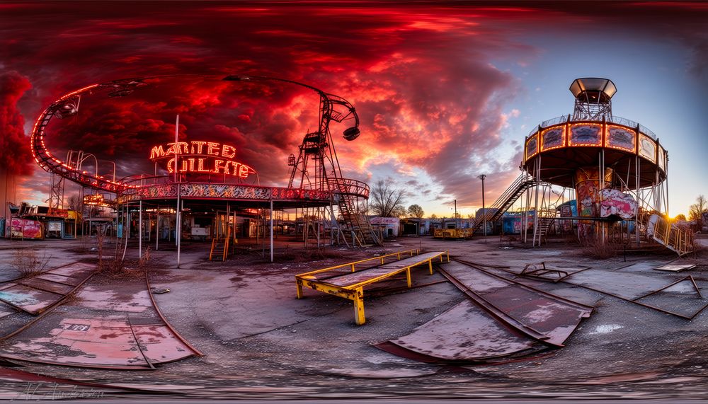 An abandoned carnival with rusted roller coasters and empty fairground rides sits under a crimson twilight sky. Neon lights flicker over cracked pavement, weathered structures, and overgrown weeds, creating an eerie, surreal atmosphere filled with decay and silence.