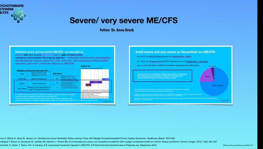 Folie mit Definition der Schweregrade von ME/CFS nach ICC und Bell-Skala, inklusive Tortendiagramm: ca. 17 % der ME/CFS-Betroffenen sind „very severe“, ca. 26 % „severe“, aber nur 0,5 % der Forschung bezieht sich auf diese Gruppe. Hinweis auf fehlende Versorgung.
Folien-Inhalte von Anna Brock.