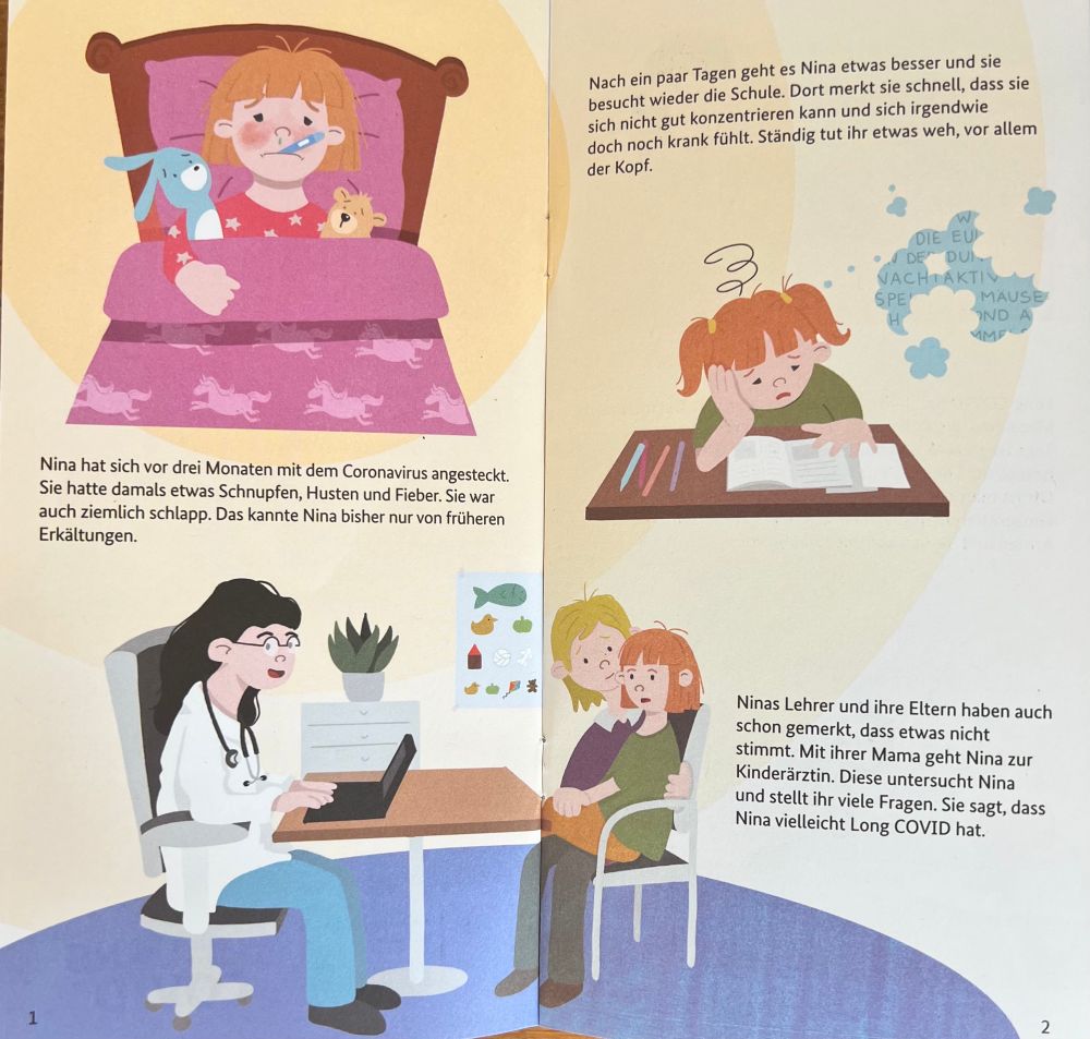 Links: Nina liegt krank im Bett mit Fieberthermometer, ihre Kuscheltiere bei sich. Darunter: Kinderärztin spricht mit Nina und ihrer Mutter.
Rechts: Nina sitzt in der Schule, hält sich den Kopf. Sie ist krank, hat Schmerzen und  Konzentrationsproblemen.
Text: Nina war vor drei Monaten an Corona erkrankt – jetzt geht es ihr immer noch nicht besser.
