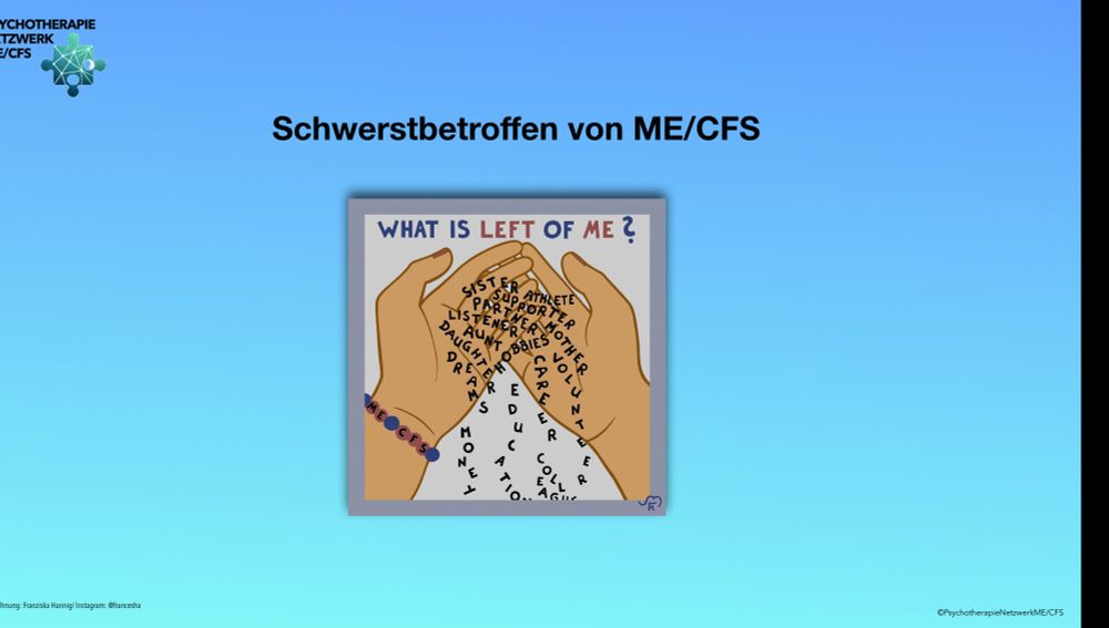 Illustration von zwei Händen mit der Aufschrift „What is left of me?“ – zwischen den Händen Wörter wie „Sister“, „Athlete“, „Mother“, „Career“, die symbolisieren, was Betroffene durch ME/CFS verlieren. Im unteren Bereich fallen die Wörter in Einzelbuchstaben auseinander.