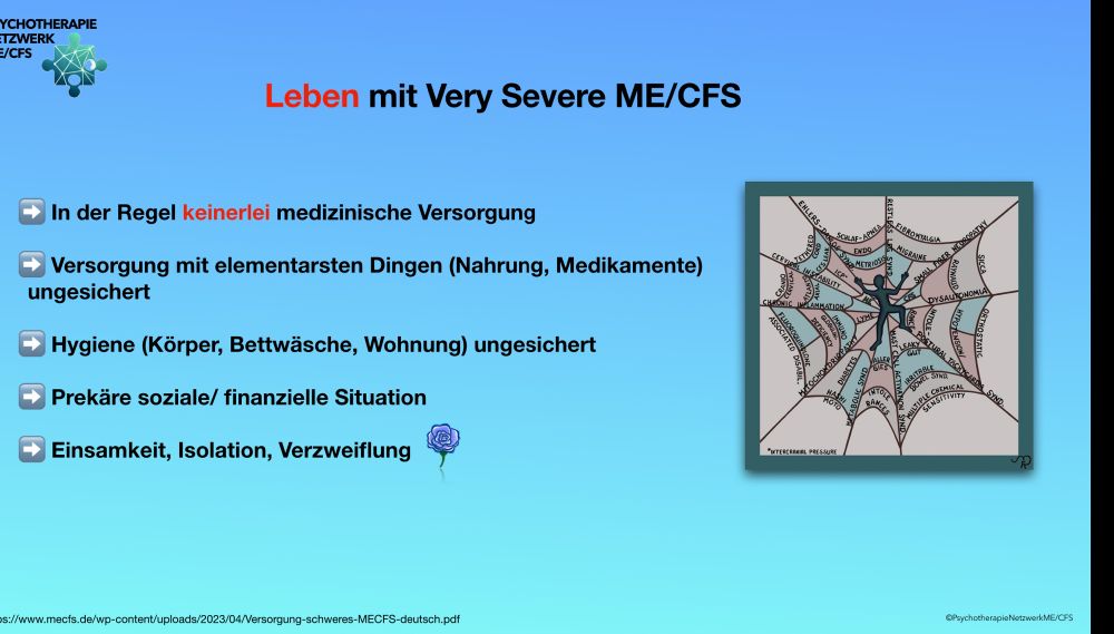 Infografik zu den Lebensbedingungen bei very severe ME/CFS: keine medizinische Versorgung, unsichere Versorgung mit Nahrung und Medikamenten, fehlende Hygieneversorgung, prekäre finanzielle Situation, Einsamkeit. Rechts eine Grafik mit einer Person, gefangen in einem Netz aus Diagnosen und Symptomen.
