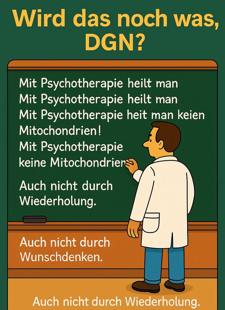 Illustration im Stil der Simpsons. Ein Mann im weißen Arztkittel steht vor einer grünen Tafel. Darauf steht mehrfach in weißer Schrift geschrieben:

„Mit Psychotherapie heilt man
Mit Psychotherapie heilt man
Mit Psychotherapie heit man keinen
Mitochondrien!
Mit Psychotherapie keine Mitochondrien
Auch nicht durch Wiederholung.
Auch nicht durch Wunschdenken.
Auch nicht durch Wiederholung.“

Über der Tafel in großen gelben Buchstaben:
„Wird das noch was, DGN?“

Die Darstellung persifliert die Schulstrafaufgaben-Tafelszene aus der Simpsons-Introsequenz und kritisiert die Haltung der Deutschen Gesellschaft für Neurologie zur Rolle der Psychotherapie bei ME/CFS.