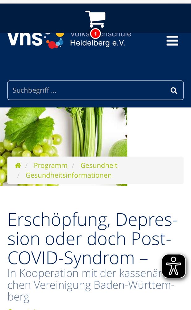 Screenshot der VHS Heidelberg Website mit dem Kurstitel: „Erschöpfung, Depression oder doch Post-COVID-Syndrom –“. Darunter der Hinweis: „In Kooperation mit der kassenärztlichen Vereinigung Baden-Württemberg“. Hintergrundbild mit grünem Gemüse (Weintrauben, Sellerie, Apfel)