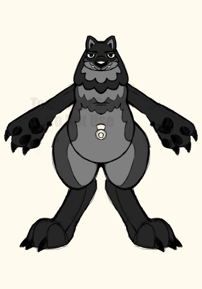 A digital, symmetrical drawing of my wolf sona Truce, standing tall as a shiny, anthropomorphic wolf pool toy. Their paws are defined by 3 large, clawed digits. A white nozzle sits where their belly button would be.