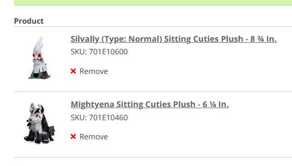 A screenshot of my Pokemon Center shopping cart that has a Silvally and Mightyena sitting cuties plush in it.