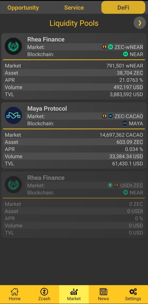 DeFi screen of zCat app with stats of liquidity pools of Rhea and Maya