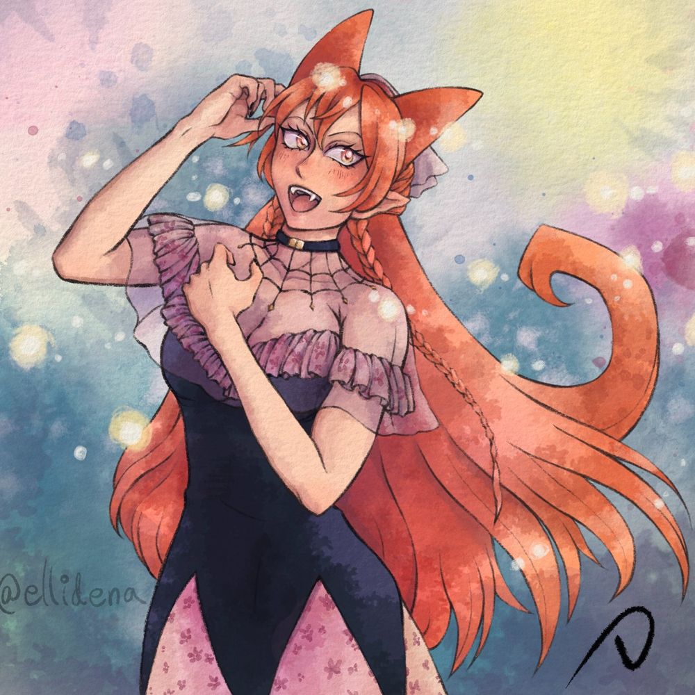 Colorful drawing of a manga/anime character with long orange hair
