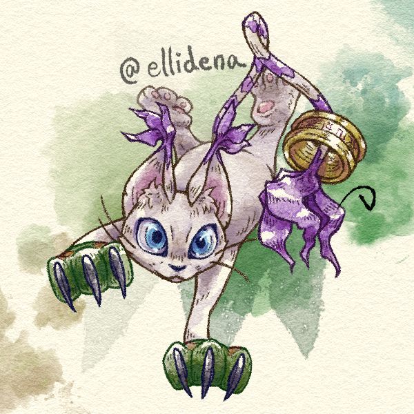 digital drawing of a catlike creature in an action pose, balancing on one paw.