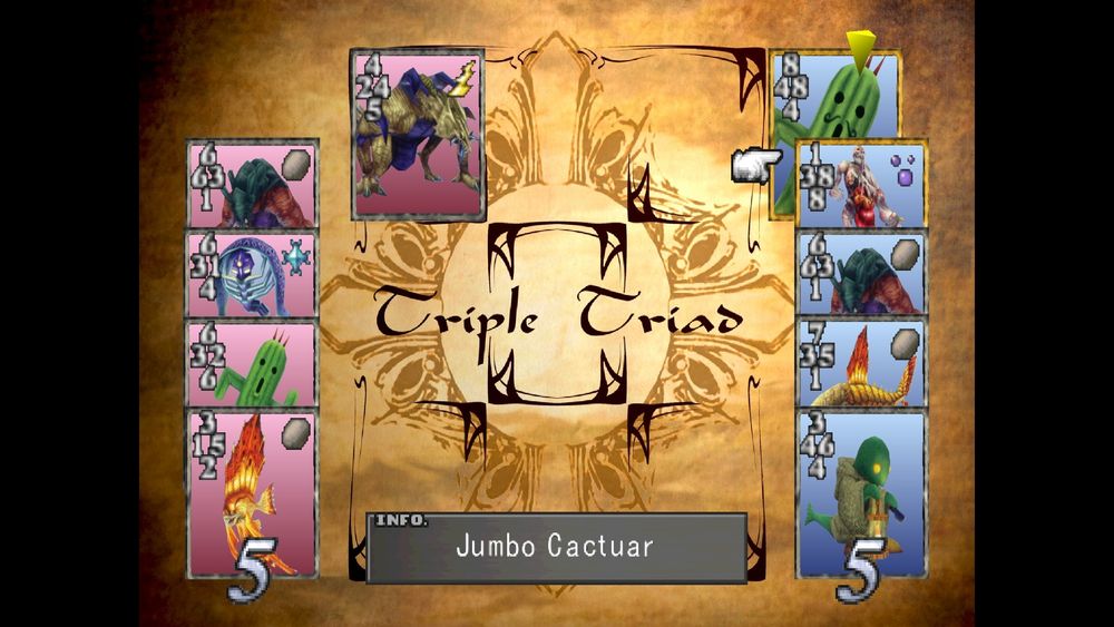 screenshot of the Triple Triad minigame from Final Fantasy VIII - a tan board with red cards on the left and blue cards on the right