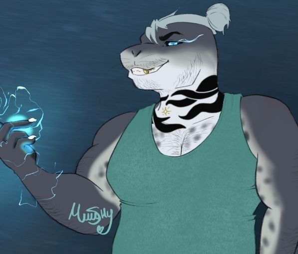 art of an anthro seal. He's looking down towards the viewer with a grin. His hand emitting electricity. 