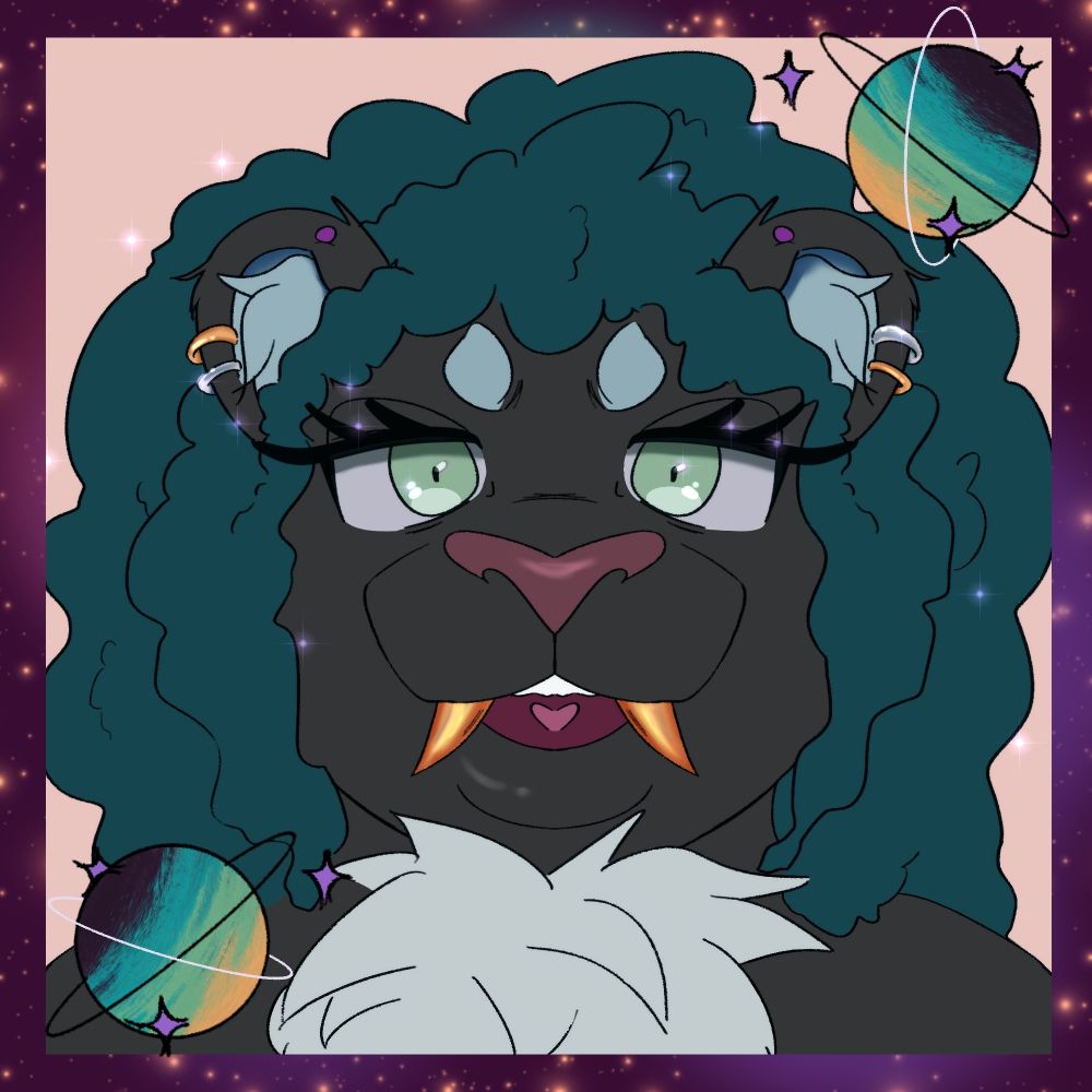 Headshot art of my fursona (an anthro feline/canine with a blue,green,and gray color pallete) smiling at the viewer. There is a galaxy theme border around the art. Showing planets and stars amongst the people sky. 