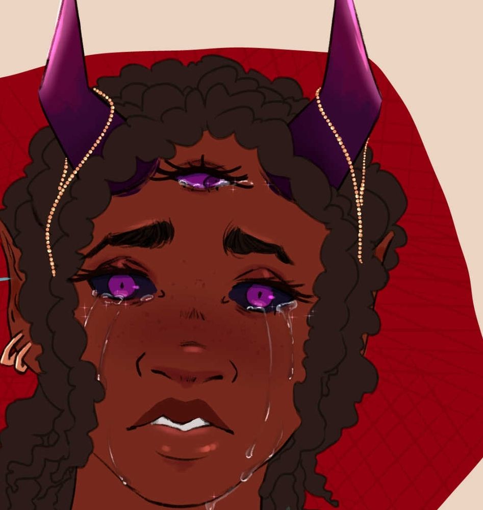 Art of a humanoid fem character with purple gradient horns. There are golden chains hanging from the horns. The character is crying with tears streaming down from all three of their eyes. 