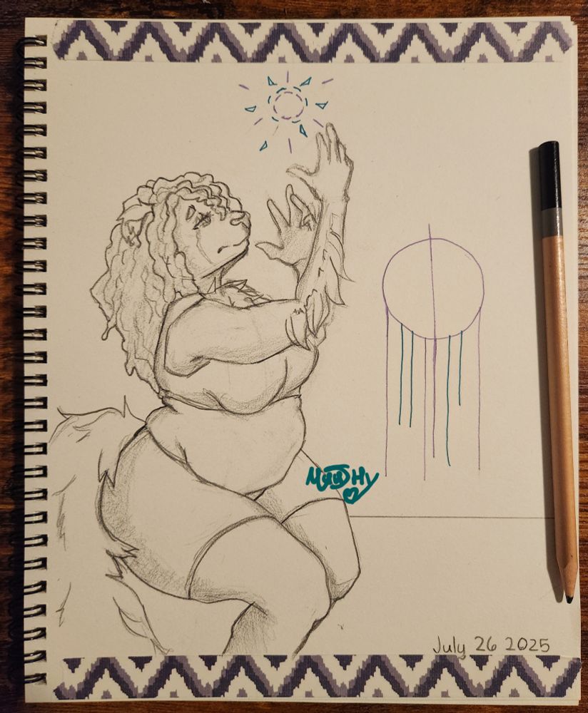 Sketch of an anthro character sitting, reaching for something abstract above them. 