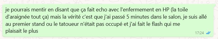 je pourrais mentir en disant que ça fait echo avec l'enfermement en HP (la toile d'araignée tout ça) mais la vérité c'est que j'ai passé 5 minutes dans le salon, je suis allé au premier stand ou le tatoueur n'était pas occupé et j'ai fait le flash qui me plaisait le plus