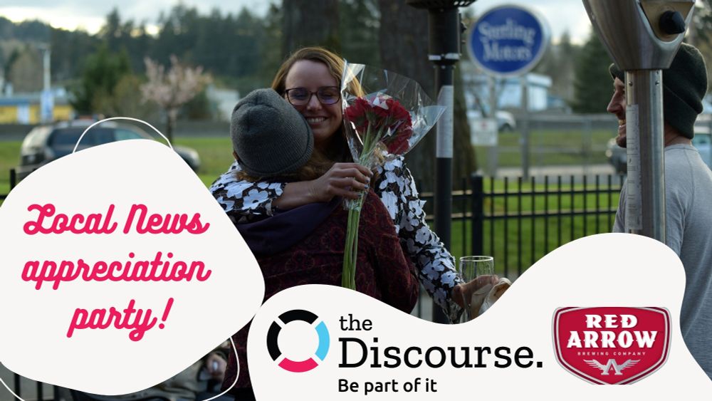 A woman hugs another person while holding flowers and smiling. Text reads: Local News appreciation party! The Dicourse logo and Red Arrow Brewing logos in bottom right.