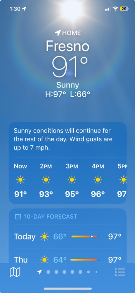 iPhone weather app showing a current temperature of 91 degrees Fahrenheit, an expected high of 97, and a low of 66. 