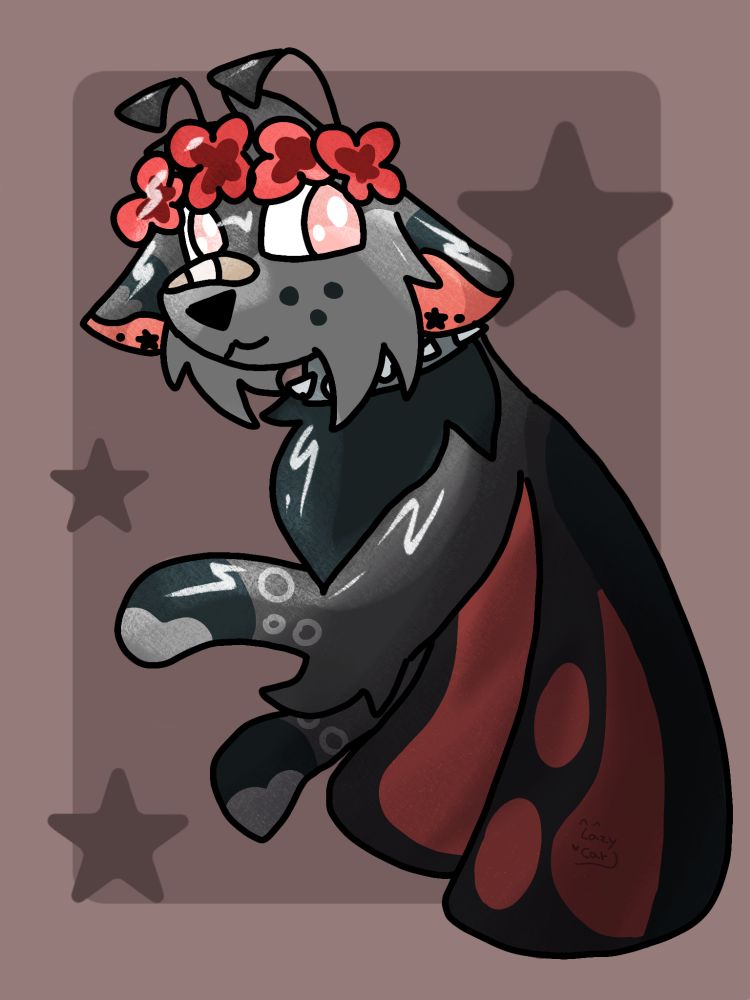 A halfbody image of a grey cat with large black and red moth wings wearing a red flower crown and smiling softly.