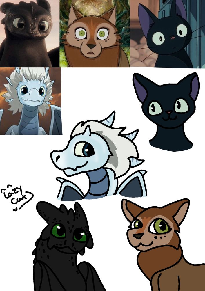Various drawings of different characters from media. Toothless from the how to train your dragon series, Zym from the dragon prince, Mebh from Wolfwalkers and Jiji from Kiki's Delivery Service. At the top are photos from the movies and at the bottom is my fan art.