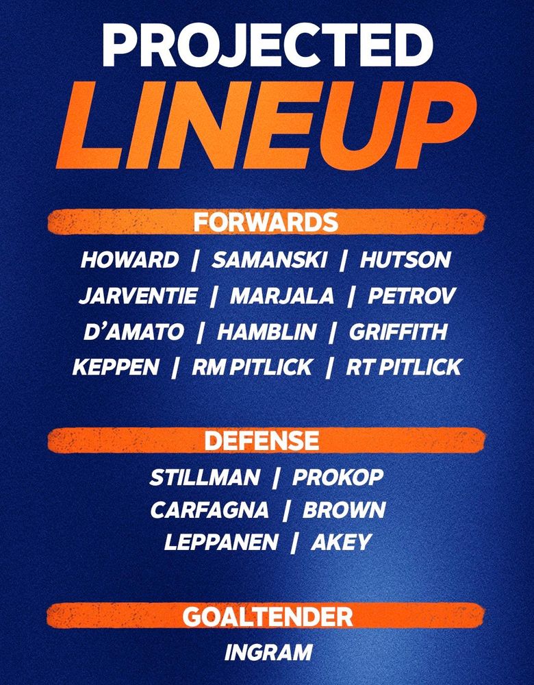PROJECTED LINEUP

FORWARDS

HOWARD | SAMANSKI | HUTSON 
JARVENTIE | MARJALA | PETROV 
D'AMATO | HAMBLIN | GRIFFITH 
KEPPEN | RM PITLICK | RT PITLICK

DEFENSE

STILLMAN | PROKOP 
CARFAGNA | BROWN
LEPPANEN | AKEY

GOALTENDER

INGRAM